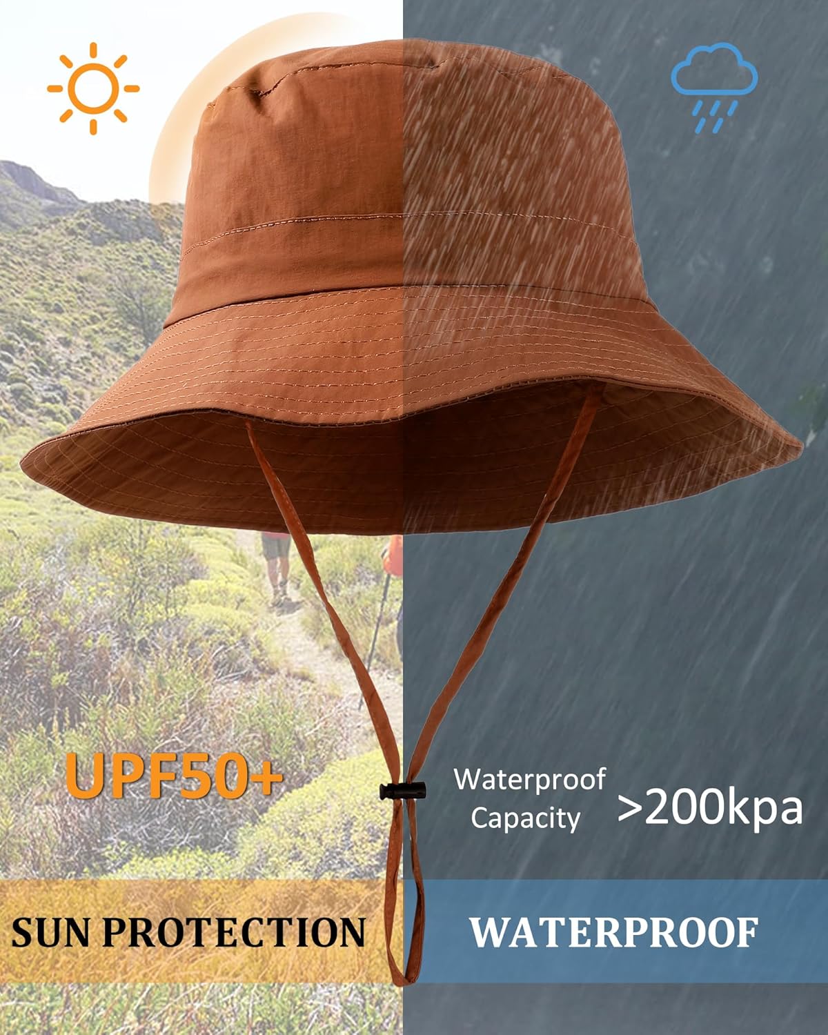 Water-Resistant Sun UPF 50+ Bucket Hat Protection Packable Brimmed Boonie for Women Men Summer Lightweight Hiking Outdoor Cap