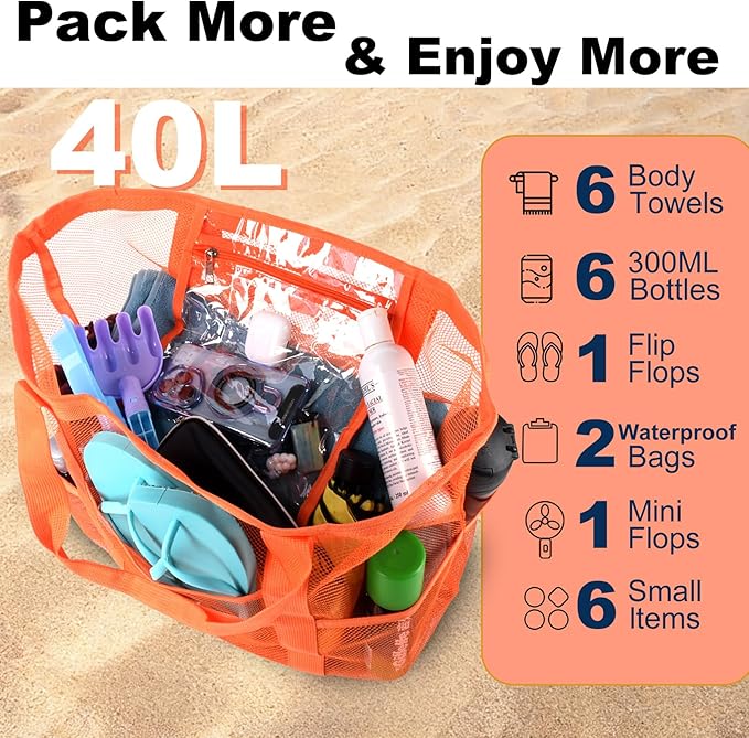 Mesh Beach Bag,Large Beach Bags for Women with 8 Pockets,Packable Tote Bag for Beach Cruise Pool Vacation Essentials