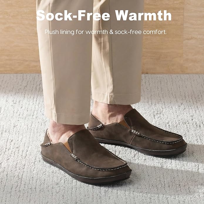 Men’s Premium Everyday Moccasin Slippers Crafted Leather Upper Plush Shearling-Style Lining Removable PU Arch Support Insole with Deep Heel Cup Non-Slip Non-Marking Rubber Sole Fold-Down Heel Indoor Outdoor