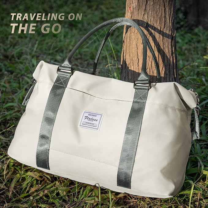 Travel Duffel Bags for Women Mens Waterproof Weekender Carry on Bag Sports Gym Bag Travel Tote Bags with Wet Pocket Overnight Bag Workout Duffel Bags with Trolley Sleeve Beige with Green