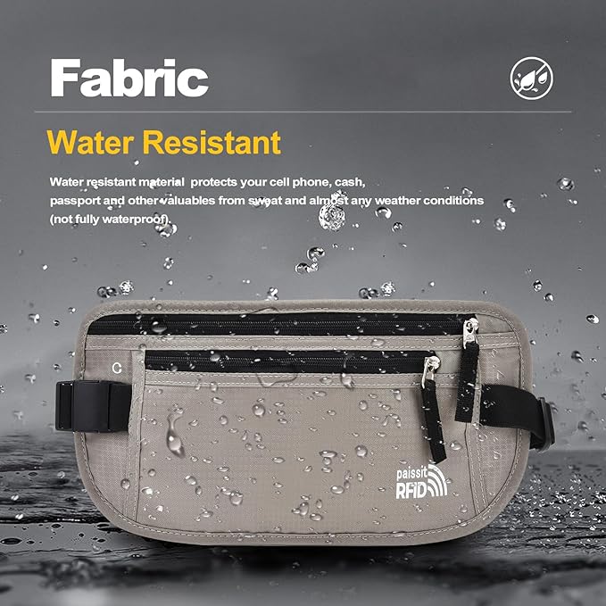 Unisex Money Belt For Men and Women, Slim Passport Holder RFID Blocking Travel Essentials Pouch with Adjustable Strap Small Waist Pouch for Workout Running Travelling Hiking, Light Grey