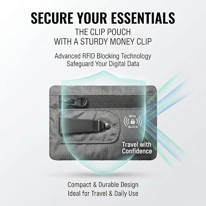 RFID Blocking Clip Stash Pocket, Compact Hidden Travel Belt Wallet for Cards & Cash - Slim Pickpocket-Proof Design for Everyday Carry (Grey, Medium)