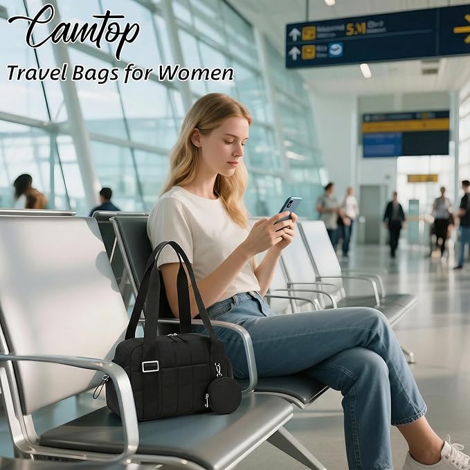 CAMTOP Mini Gym Bag for Women, Small Gym Tote Bag Puffy Quilted Sports Duffel Bag with Wet Compartment and Coin Purse Duffel Bags Dance Yoga Workout Bag for Gifts (All Black, Mini-12.6")