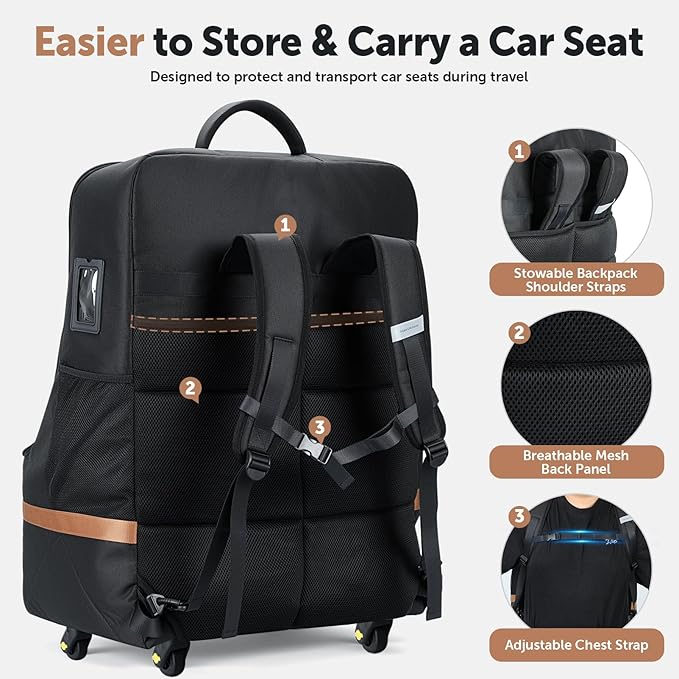 Car Seat Travel Bag for Airplane with Wheels, 4 Spinner Wheels, 900D Heavy Duty Padded Carseat Travel Bag, Ergonomic Backpack with Waist Support, Universal Fit for Convertible Infant Seats