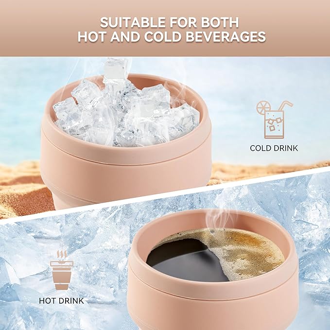 2Pcs Collapsible Cup for Traveling, Collapsible Silicone Travel Cup for Hot and 2 Drinks, Leak Proof Silicone Folding Travel Coffee Mug for Camping & Hiking, BPA Free 12oz Pink