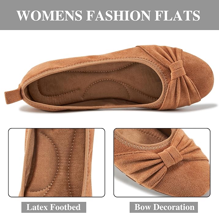 Ecetana Womens Flats Shoes Dressy: Round Toe Bowknot Suede Foldable Ballet Flats Comfortable Casual Slip On Loafers