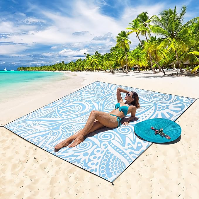 Beach Blanket Waterproof Sandproof Beach Mat 79”x 83” for 1-8 Adults Quick Drying Durable Outdoor Picnic Mat for Beach Festival Travel Camping Hiking (Flower Ripple-BL, 79"×83"(4 Person))