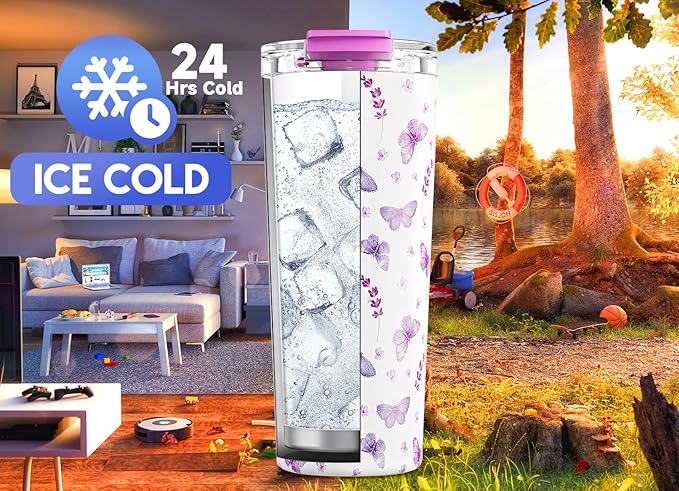 Meoky 24 oz Travel Coffee Mug with Leak-proof Lid, Stainless Steel Insulated Coffee Tumbler, Keeps Hot for 8 Hours or Cold for 24 Hours, Fits in Car Cup Holder (Lavender Butterfly)