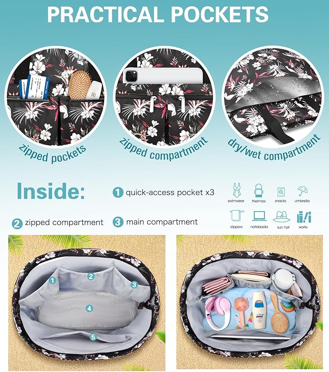 HUANLANG Large Beach Bags for Women Pool Bag with Zipper, Waterproof Sandproof Beach Tote Travel Bag with Wet Pocket | Waterproof, Large capacity, Dry/wet separation, Durable fabric, Cooling function, sandproof