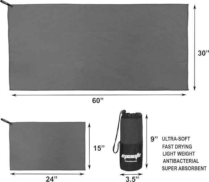 EPAuto Microfiber Fast Drying Towels 2-Pack (60" x 30", 24" x 15") for Travel, Gym, Camping, Beach and Backpacking, Gray
