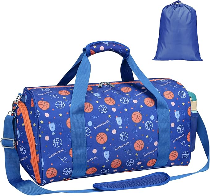 Bagseri Boys Duffle Bag for Travel - Kids Gym & Sports Bag with Shoe Compartment & Water Resistant Wet Pocket, Weekender for Camping & Sleepover (Blue Basketball)