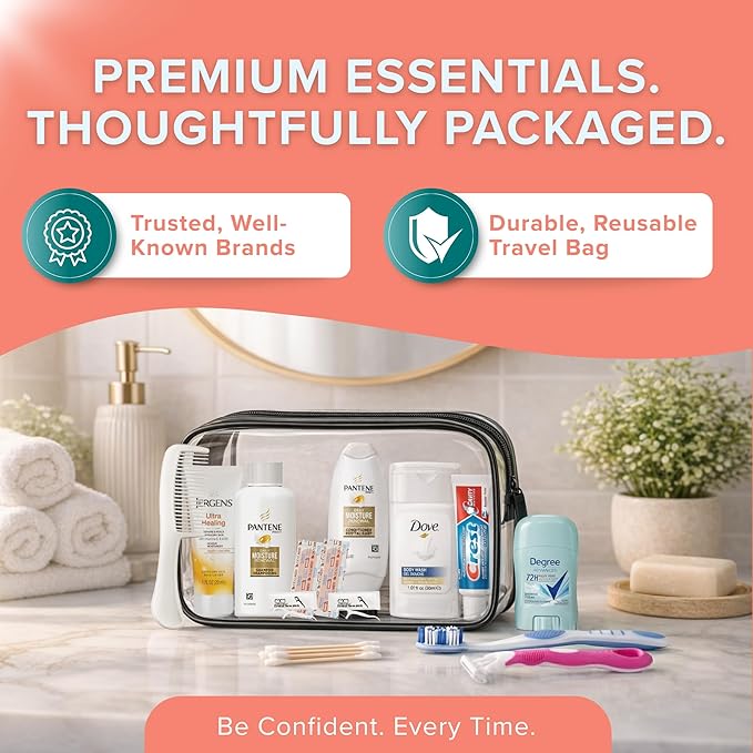 TrekTote 15 Piece Set Women’s Travel & Hygiene Kit with Clear Toiletry Bag, Personal Care Essentials, Single Kit or Bulk Case Packs