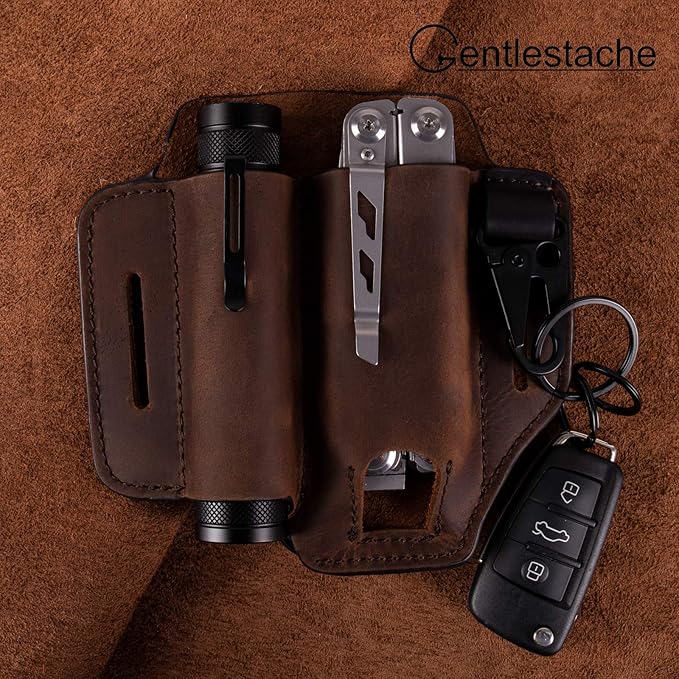 Gentlestache Leather Sheath for Leatherman Multitool Sheath EDC Pocket Organizer with Key Holder for Belt and Flashlight Sheath Multitool Pouch Darkbrown
