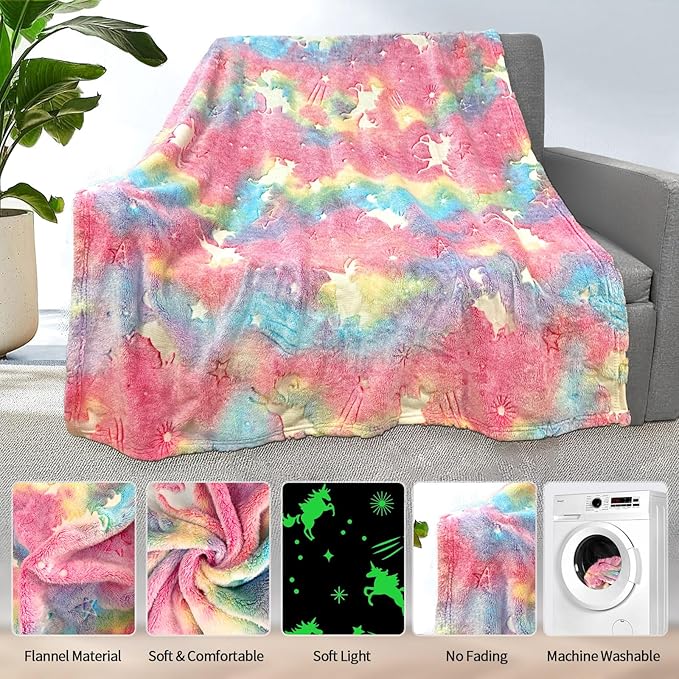 Unicorn Blanket for Girls, Glow in The Dark Blankets for Kids, Personalized Blankets for Baby/Toddler, Unicorns Gifts for Girls Age 1-12, Soft Fleece Blanket 50"x 60"