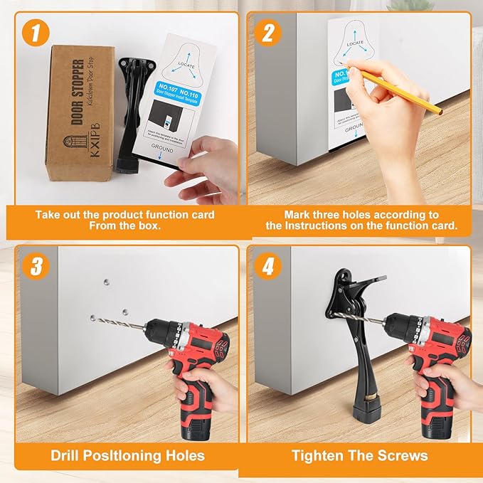 Kickdown Door Stopper 5 Inches - 2 Packs One Touch Adjustable Height Door Stop for The Bottom of Door Aluminum Alloy Metal Door Stopper with Rubber Tip & Wall Protectors for Wide Doors Black