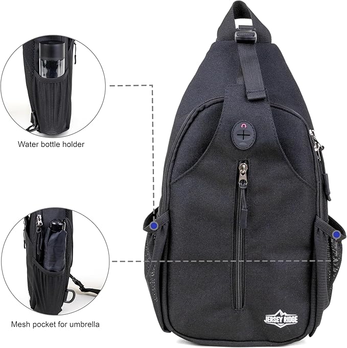 Crossbody Sling Bag – Anti-Theft Carryall Daypack Backpack with Adjustable Chest Strap for Travel or Hiking (Black)