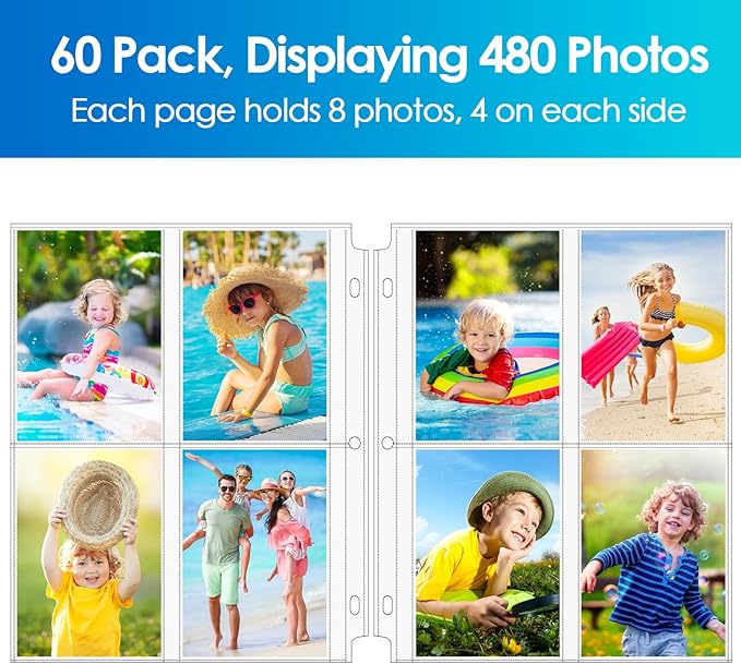 MaxGear 60 Pack 3.5x5 Photo Sleeves for 3 Ring Binder (480 Pictures), Heavy-Duty Archival Page Protectors, 4-Pocket Clear Photo Album Refill Pages, Plastic Seed Binder Pages 8.5x11, Acid-Free