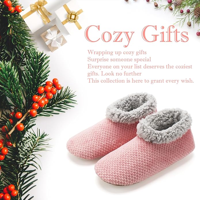 Soft Fuzzy Slippers for Women Indoor, Warm Furry House Sock Shoes Fluffy Lined, Bedroom Booties Non-Slip Gripper Soles, Winter Cozy Christmas Gifts