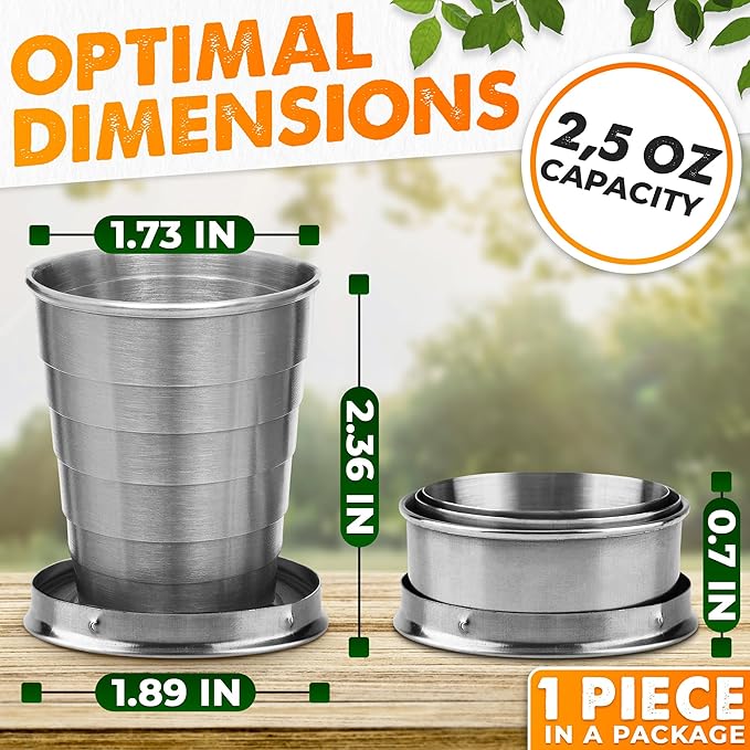 Collapsible Travel Cup with Lid 2.5Oz (75ml) - Leak-Proof Сollapsible Shot Glass Keychain, Highly Portable, Made of Rust & Bend Resistant Stainless Steel - Foldable Cup for Traveling, Fishing, Camping