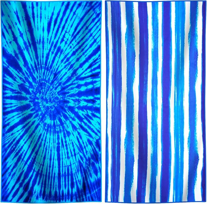 2 Packs Lightweight Thin Microfiber Beach Towel Oversized Quick Dry Compact Sandproof Clearance Towels Sand Free Camping Swimming Easy Pack Travel Accessories Essentials Women Adults Striped Vortex
