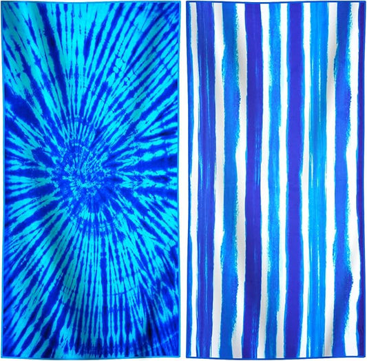 2 Packs Lightweight Thin Microfiber Beach Towel Oversized Quick Dry Compact Sandproof Clearance Towels Sand Free Camping Swimming Easy Pack Travel Accessories Essentials Women Adults Striped Vortex