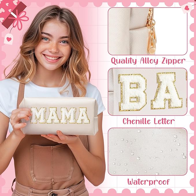 CY2SIDE MAMA Baby Letter Makeup Bag - 2PCS White MAMA and BABY Chenille Letter Patch Cosmetic Bag Pink PU Leather Patch Pouch Waterproof Portable Zipper Travel Organizer Case Gifts for Mom Women
