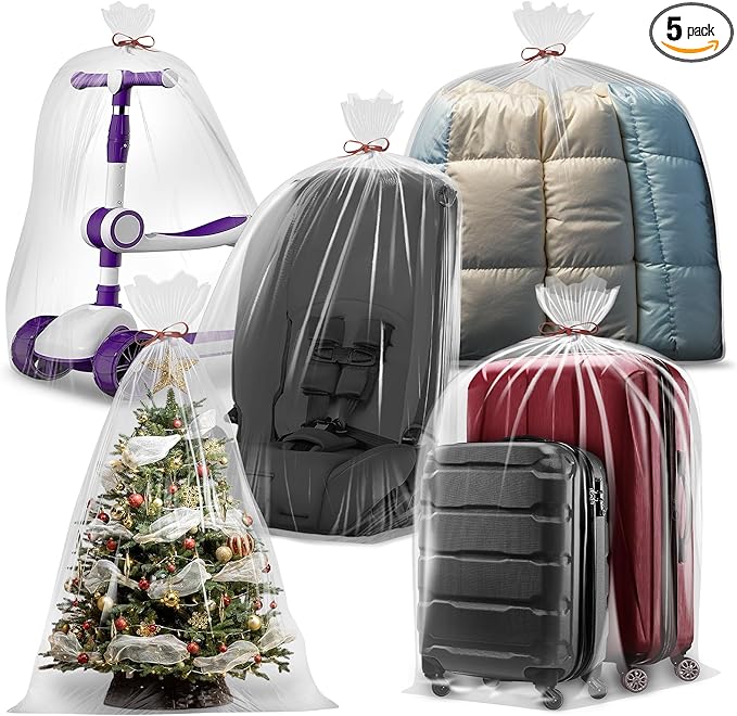 Extra Large Clear Plastic furniture Bags, 2 Mil Storage Bags Ideal for Car Seats, Suitcases, Strollers, Small Bikes, Attic Storage, Clothes, Xmas Trees, 5 Pack with 5 Ties, 40'' x 58''