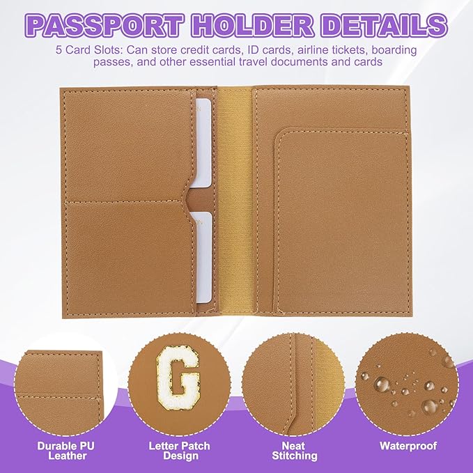 PATIKIL Passport Holder for Travel, Initial Passport Cover and Luggage Tag Set with Alphabet Chenille Letter Patch Travel Wallet Bag Suitcase Identifier for Women Family Travel Brown G