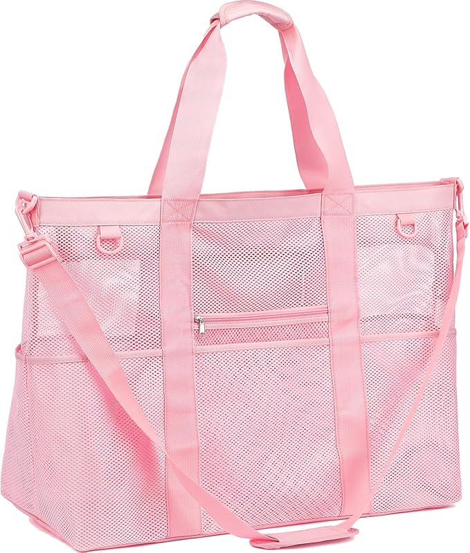 Mesh Beach Bag with Zipper, Large Beach Tote for Women, Toys Pool Swim Bag Travel Vacation Cruise Essentials