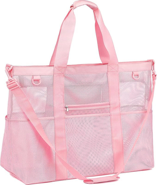 Mesh Beach Bag, Large Beach Tote with Zipper Pocket, Toys Pool Bag for Family Travel Vacation Cruise Essentials