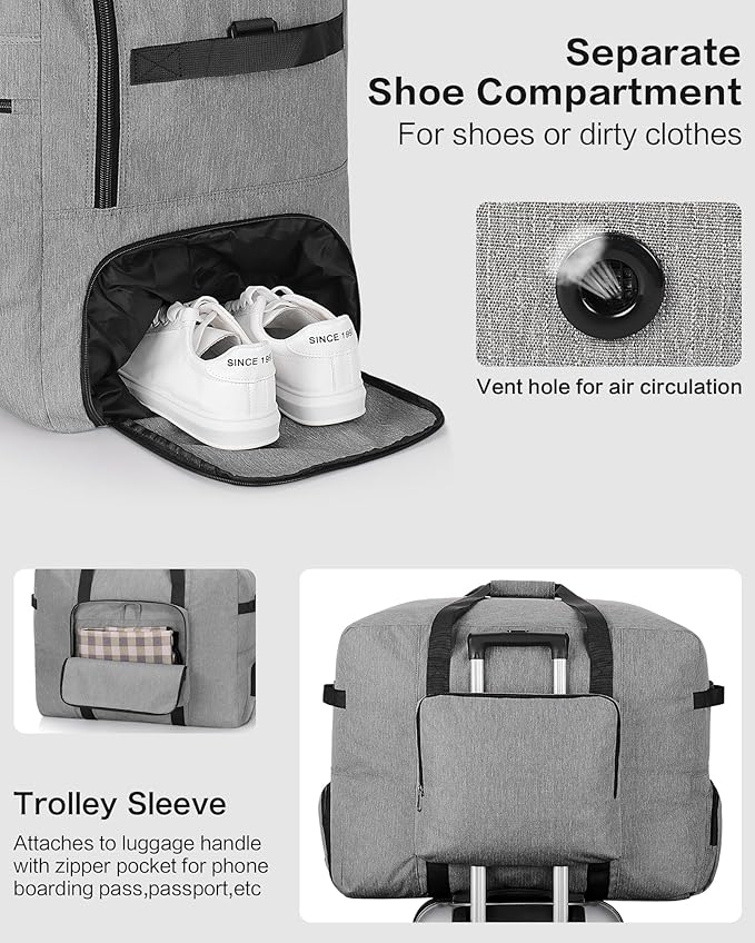 80L Foldable Large Travel Duffle Bag for Men and Women, Packable Duffel Bags with Shoe Compartment, Water Repellent & Tear Resistant (Gray)