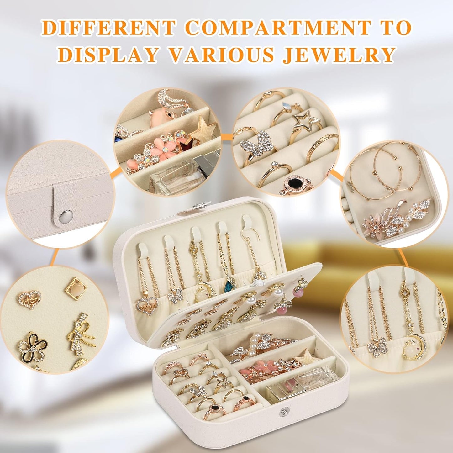 Travel Jewelry Box, PU leather Small Jewelry Organizer For Female Girls, double layer portable mini travel case for storing earrings, rings, necklaces.(White)