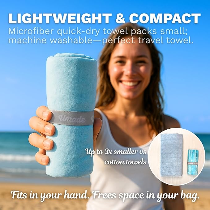 Umade Microfiber Quick Dry Towel, 59" x 29.5" - Compact Lightweight Travel/Backpack/Camping/Yoga Towels with Hanging Loop & Elastic Strap, Manta Rays Design (Deep Blue)