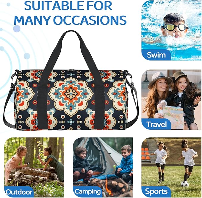 Beige Floral Overnight Travel Bag Unisex Dark Blue Carry-On Size Tote Bag Suitable for Travel Duffle Gym Sports