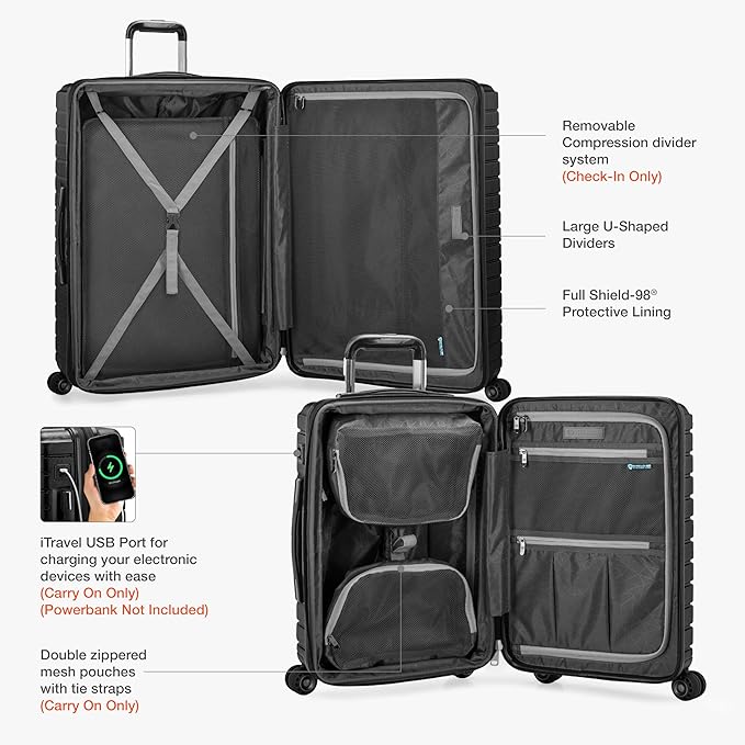 Traveler's Choice Archer Polycarbonate Hardside Spinner Luggage Set, Tie Down Straps, Black, Checked 25-Inch