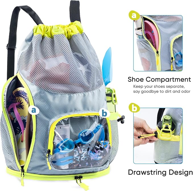 Drawstring Backpack Sandproof - Mesh Backpack Beach Bag with Shoe Compartment - Swim Bag for Beach, Pool - Pool Bag with Pockets for Toiletries - Wet Bag for Swimsuit - Summer Camp Essentials