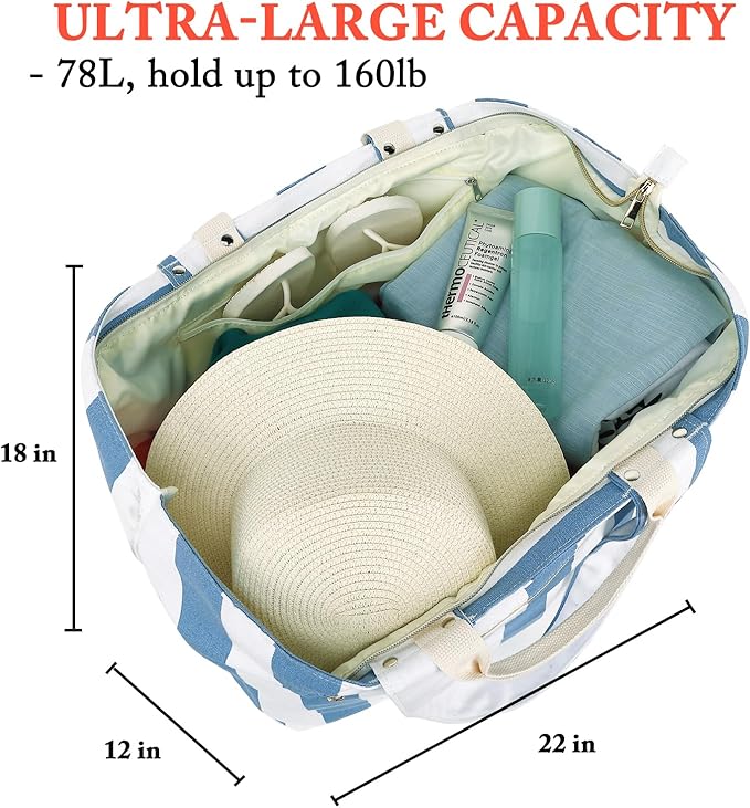 Large Canvas Beach Bag for Women, Beach Bags Waterproof Sandproof with Zipper & Wet Bag Cruise Essentials