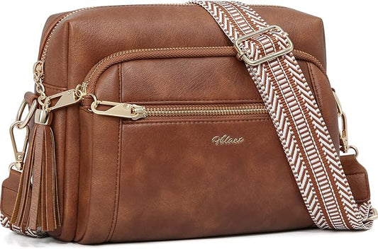 Small Leather Crossbody Bags for Women Anti theft Purses and Handbag Shoulder Hangbag with Wide Strap Tassel