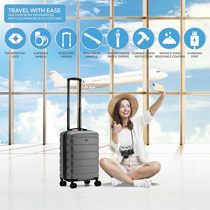 Flight Knight 21.5x15.5x9 Expandable Carry On Suitcase Hardside TSA Lock & USB C Port Lightweight Luggage Silent Double Spinner Wheels Maximum Canada Air Overhead Bag Airlines Approved Charcoal