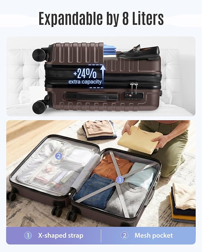 LIGHT FLIGHT Expandable Carry On Luggage 22x14x9 Airline Approved with Double Spinner Wheels, 20 Inch Lightweight Hard Shell Rolling Suitcases with TSA Lock, Brown