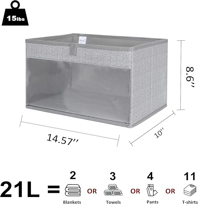 WUIKE Closet Storage Bins, Large Fabric Storage Baskets with Clear Window, Foldable Organizer for Clothes, Shelves, Herringbone Gray, 3 Pack