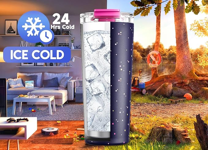Meoky 24 oz Travel Coffee Mug with Leak-proof Lid, Stainless Steel Insulated Coffee Tumbler, Keeps Hot for 8 Hours or Cold for 24 Hours, Fits in Car Cup Holder (Plum Stardust)