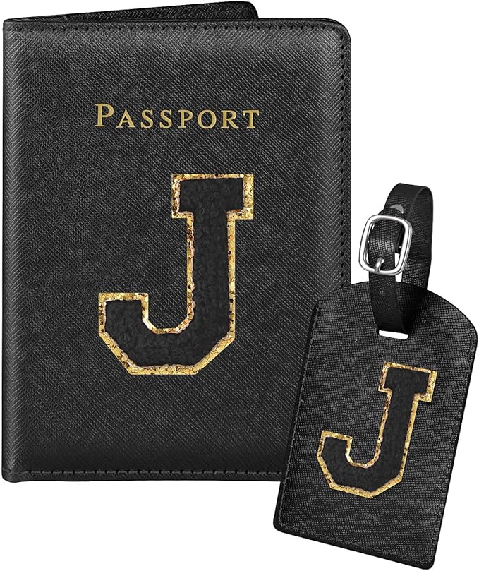 Slohif Passport Holder Initial Lugguage Tag Set Suitcase Cover Wallet Case for Travel Women - Leather Letter Passport Book Personalized Organizer Card Protector Sleeve Essentials Slim Carrier Black J