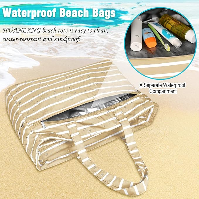 HUANLANG Extra Large Beach Bag Waterproof Beach Totes Bags for Women Men,Pool Bag with Zipper Wet Pocket
