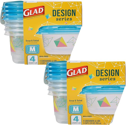 Glad GladWare Design Series Food Storage Containers with Lids, Medium Rectangle BPA Free Plastic for Meal Prep and Lunches, Tight Seal, Microwave and Dishwasher Safe, 24 Oz, 4 Count - 2 Pack