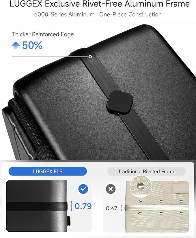 LUGGEX Carry On Luggage Top Opening & Front Opening, FLP Aluminum Frame Trunk Style Luggage with Front Laptop Pocket, Polycarbonate Hard Shell Suitcase (FX- Enhance, Blue, 21 Inch, 38L)