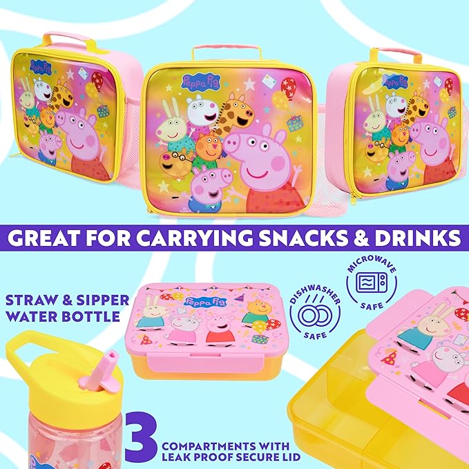 Get Trend Peppa Pig Lunch Bag, Lunch Box, Water Bottle for Kids 3 Piece Set Bento Box, Insulated Snack Container, Meal Holder Gifts for Kids (Multi Peppa Pig)