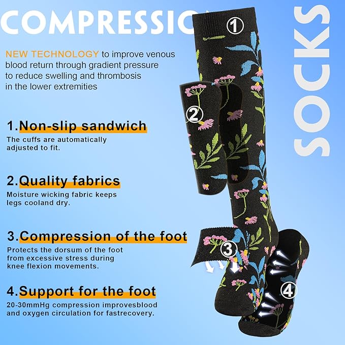 bropite Flora Compression Socks for Women & Men-Knee high 6 Pairs 20-30mmhg Support Running Nurse Travel
