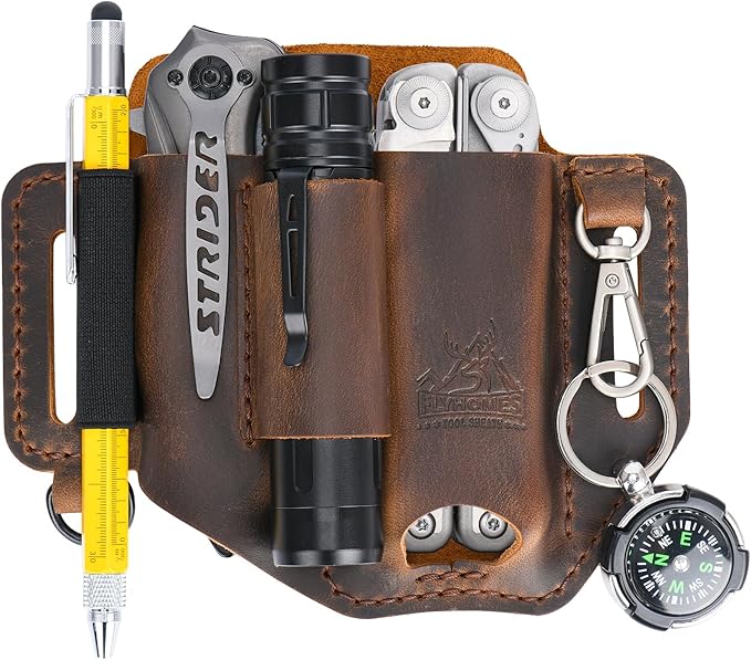 FLYHOMES Premium Full-Grain Genuine Cowhide Leather Multitool Sheath | Handmade Stitched Belt Organizer for Leatherman, Flashlight, Pen & EDC Tools | Multi-Tool Holster Pouch with Keychain Clip