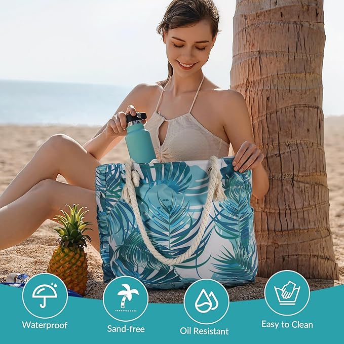 Clothirily Beach Bag for Women - Large Beach Tote Bag, Waterproof Sandproof Beach Bag with Zipper, Large Swim Pool Beach Tote